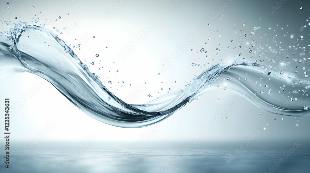Poster a dynamic wave of water with splashes, conveying fluid motion and tranquility in a serene environmen