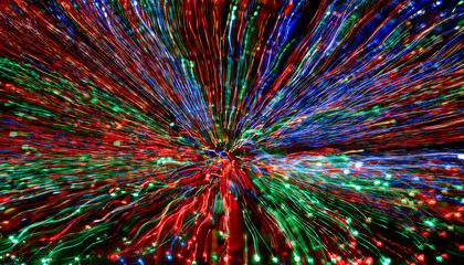 Chaotic motion of multi-colored bright lights in the night sky, light trails with blurred effect