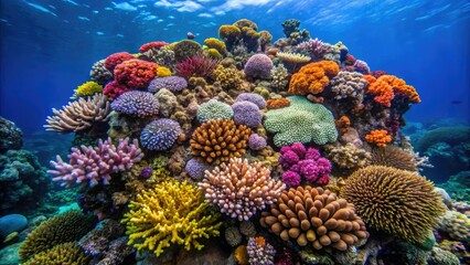 Diverse coral species with various colors and textures growing on a rock outcropping, rocky shoreline, sea anemone