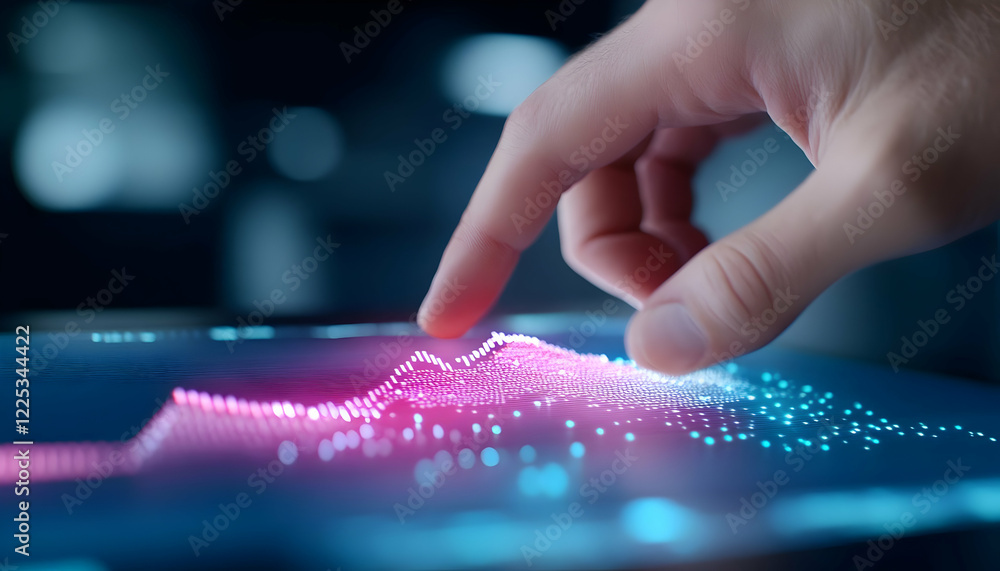 Poster a finger touches a glowing digital screen displaying vibrant data analytics and graphs, symbolizing 
