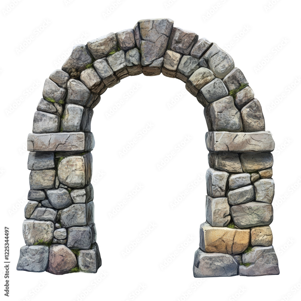 Poster a digitally rendered image shows a rustic stone archway, suggesting a medieval or ancient entrance. 