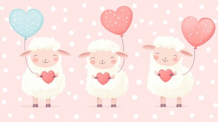 Cute cartoon vector-style sheep holding heart-shaped balloons, on a pink background with polka dots, suitable for Valentine's Day cards or nursery art. Isolated on a pastel background.
