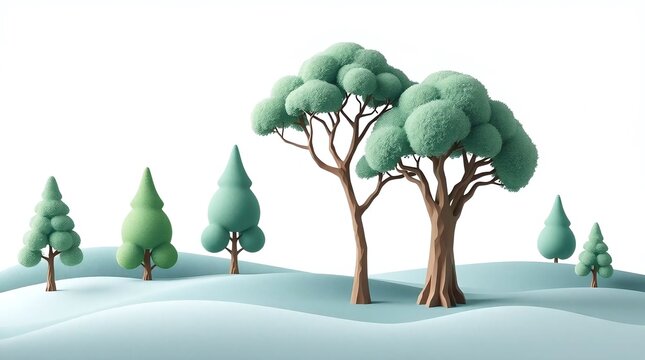 An oil painting in a classic style depicts 3D organic cutout buildable trees in a cartoon design against a white studio backdrop. 