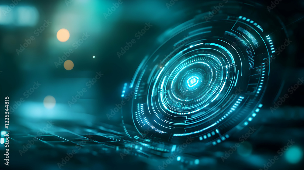 Poster a futuristic digital interface showcasing intricate designs and glowing elements in a vibrant tech e