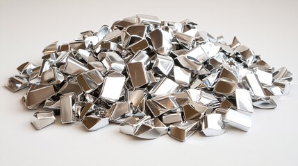 Pile of Shiny Silver Metal Pieces on a White Background Reflecting Light with Smooth Surfaces