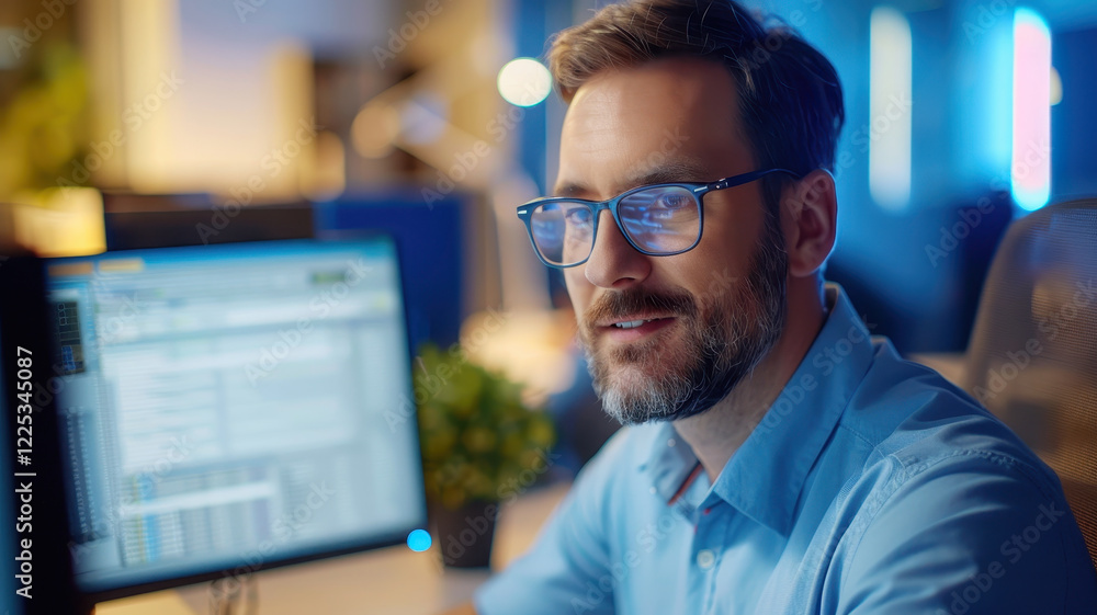 Poster man in glasses is working on computer in modern office, facing technical difficulties. background is