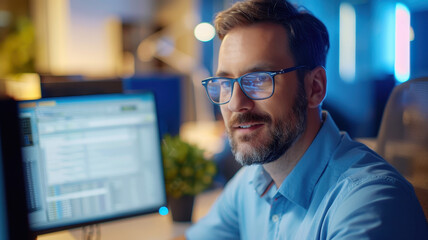 A smiling bearded man wearing glasses works at his computer in a modern office, representing productivity, focus, and technology-driven business solutions.