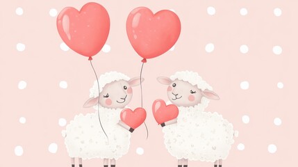 Cute cartoon vector-style sheep holding heart-shaped balloons, on a pink background with polka dots, suitable for Valentine's Day cards or nursery art. Isolated on a pastel background.