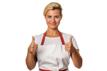Smiling female chef with apron showing thumbs up and ok sign, isolated on transparent background