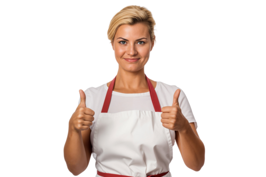 Smiling female chef with apron showing thumbs up and ok sign, isolated on transparent background
