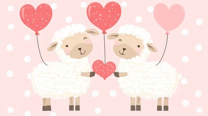 Cute cartoon vector-style sheep holding heart-shaped balloons, on a pink background with polka dots, suitable for Valentine's Day cards or nursery art. Isolated on a pastel background.