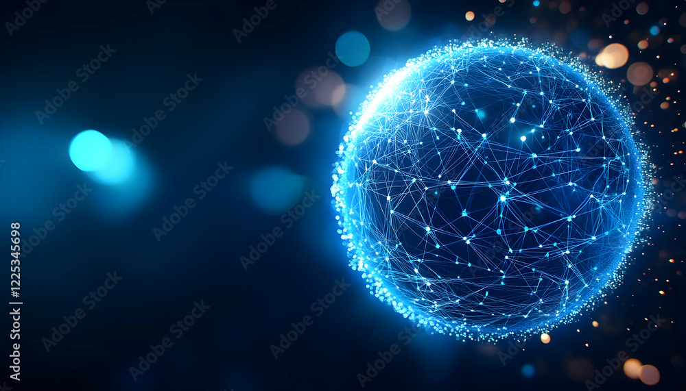 Poster a glowing blue sphere with interconnected lines and nodes, representing data and technology in a dig