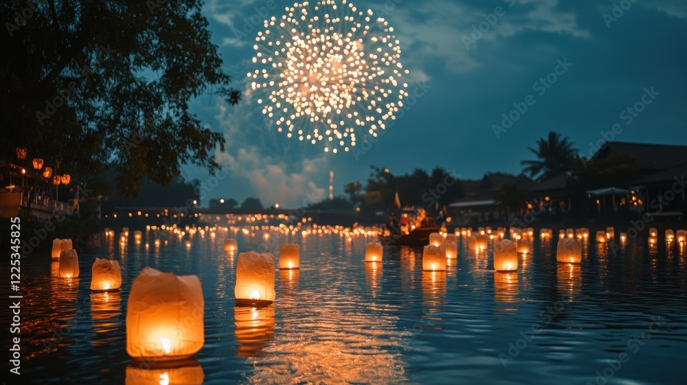 Poster floating lanterns illuminate a river at night, with a firework display in the background. it's a pea