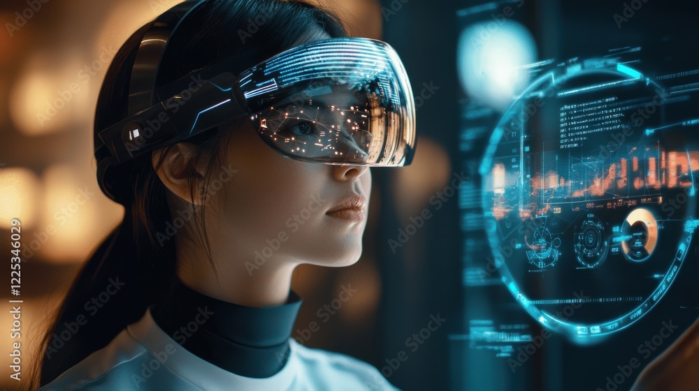 Poster virtual reality headset displaying futuristic holographic data analytics and information