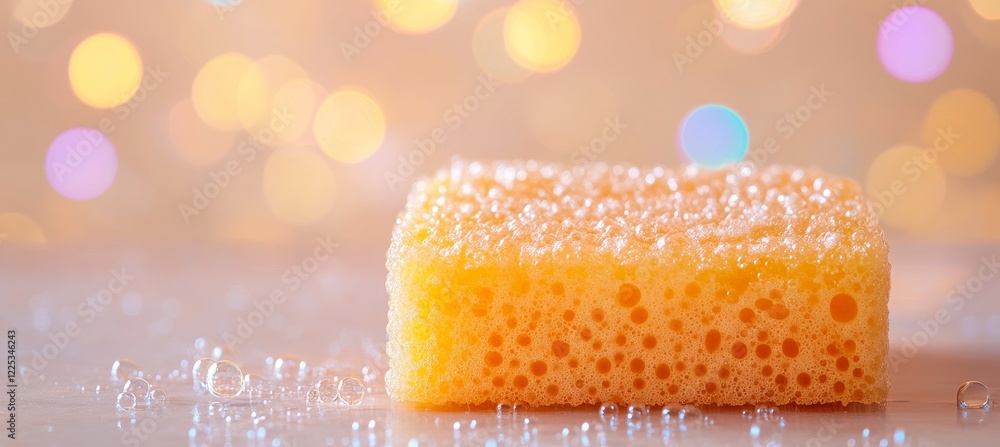 Poster close-up of a soapy sponge with festive sparkling bokeh background for cleaning concepts