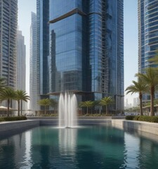 Fototapeta premium Dubai Marina law office building with water feature, aquatic plants, outdoor space
