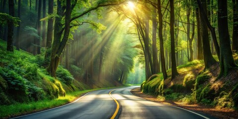 Obraz premium Sunlit Winding Road Through Lush Green Forest Canopy