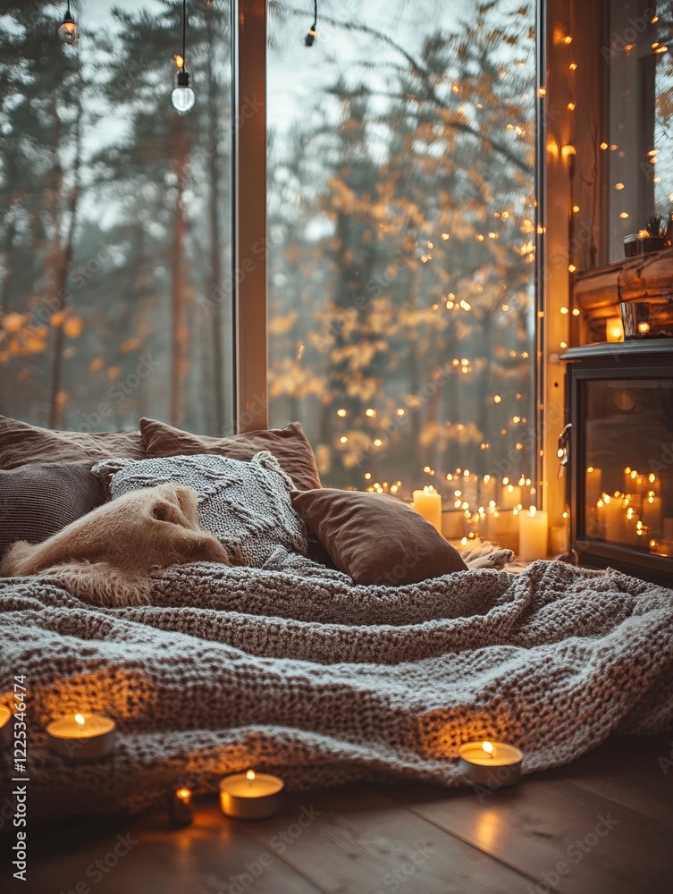 Aufkleber cozy interior with soft blankets pillows and candles by window with forest view and string lights