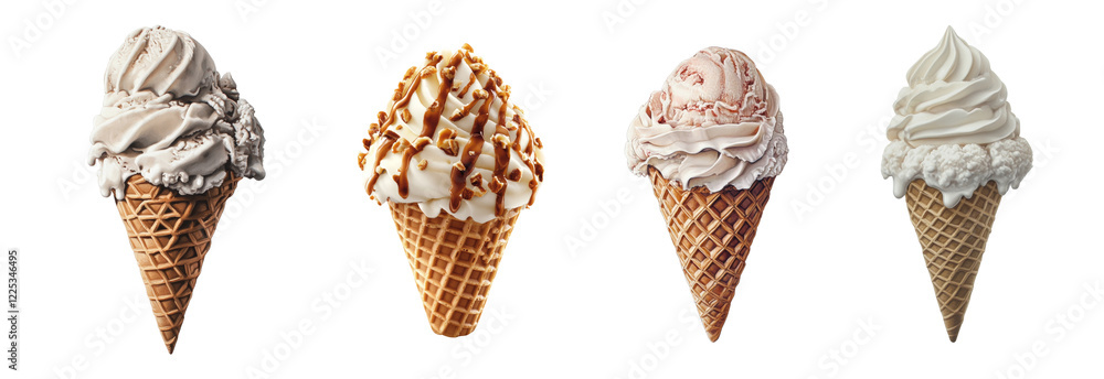 Poster A captivating image showcasing four different ice cream cones with various toppings, all against a stark black backdrop.
