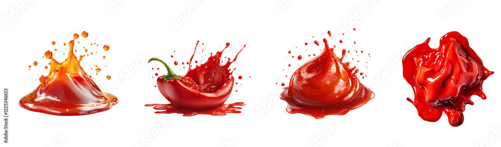 Poster a digital image showcasing four dynamic splashes and drips of red pepper sauce, including one with a