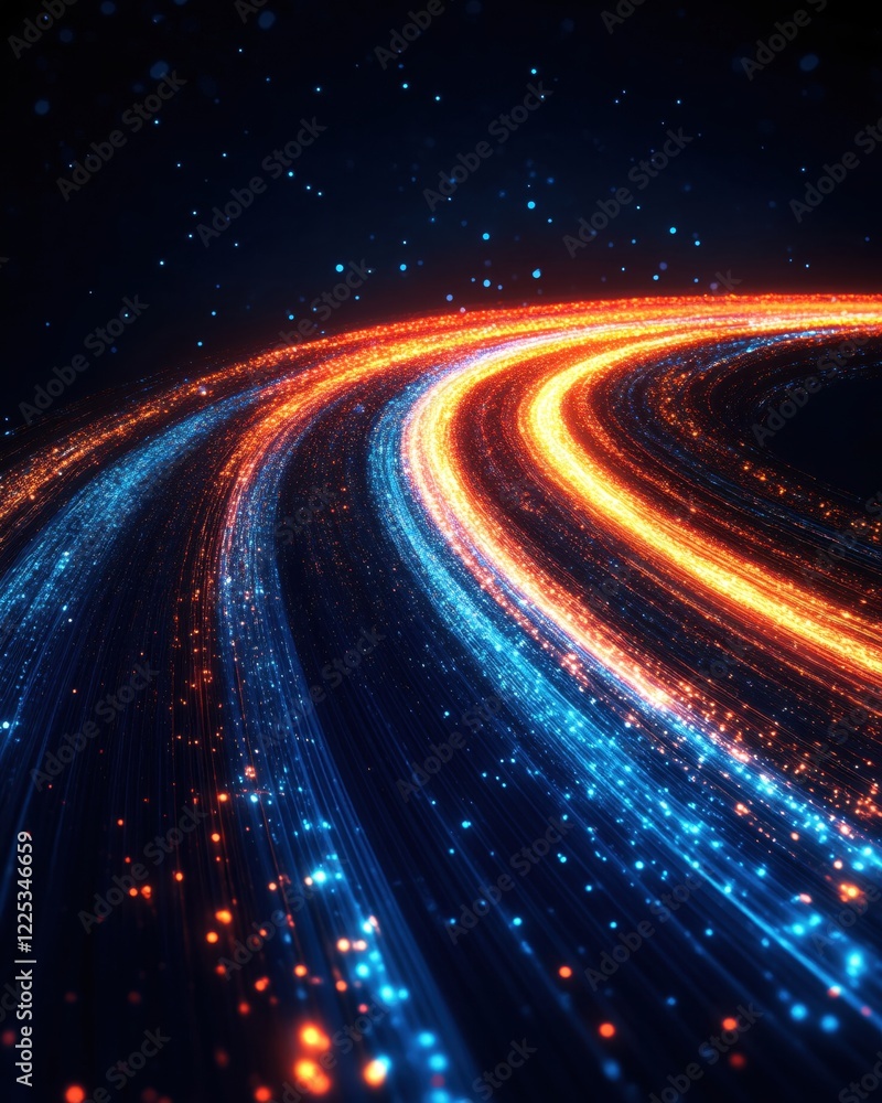 Poster abstract glowing light trails in orange and blue on dark background with bokeh effect