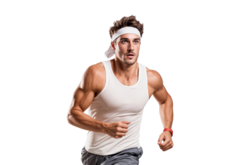 Handsome athlete runner man running or jogging in sport outfit, isolated on transparent background