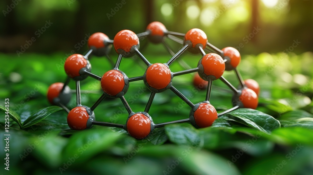 Aufkleber molecular structure in nature: a 3d rendering of a molecule resting on lush green foliage, represent