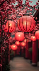 Obraz premium Red Lanterns Hang From A Blossoming Tree, Creating A Festive And Romantic Atmosphere In A Chinese-Style Setting.