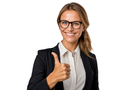 Smiling female teacher showing thumbs up and ok sign, isolated on transparent background