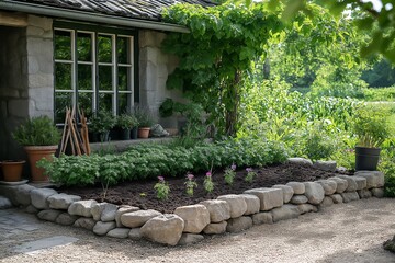 Obraz premium The image showcases a beautifully prepared garden area, ideal for soil preparation. It's the perfect start for the upcoming gardening season filled with blooms.