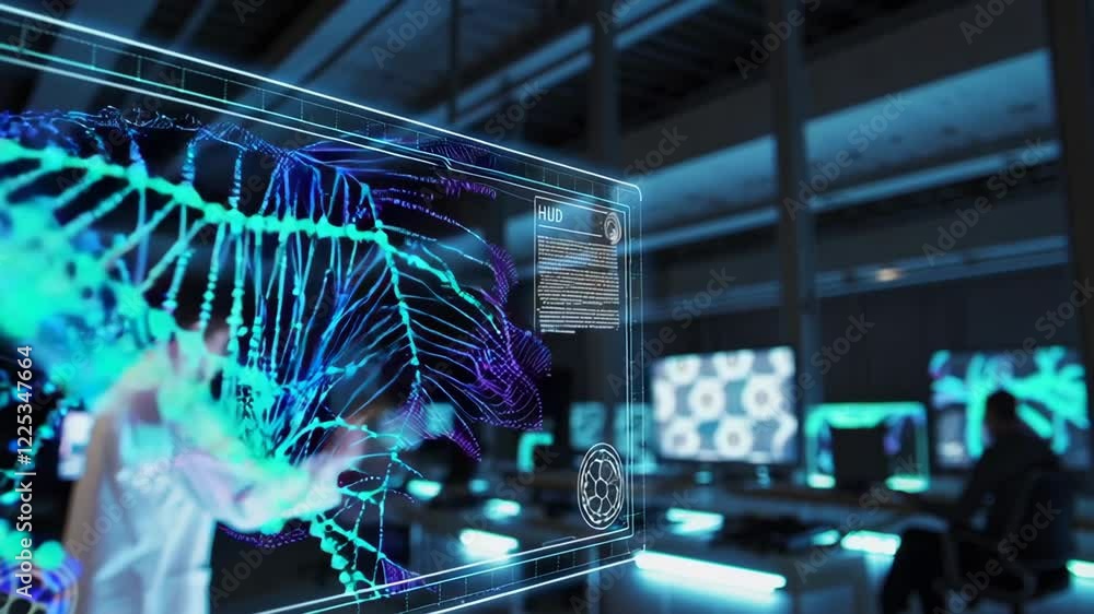 Poster scientist working in advanced laboratory exploring molecular structures with digital display