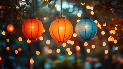 Three Paper Lanterns, Orange And Teal, Hang Illuminated Amidst A Bokeh Of Warm Lights And Leaves, Creating A Cozy, Enchanting Ambiance.