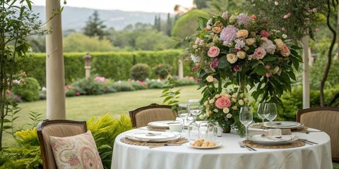 Elegant dining table surrounded by lush greenery and vibrant floral arrangement in soft pastel hues, refined, soft colors