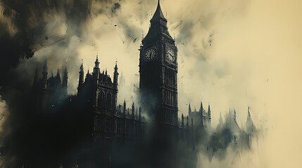 London Parliament, stormy sky, ominous clouds, apocalyptic scene, film poster