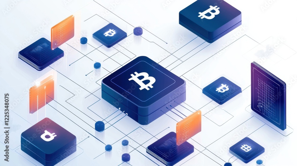 Poster digital cryptocurrency and blockchain technology concept with isometric geometric shapes