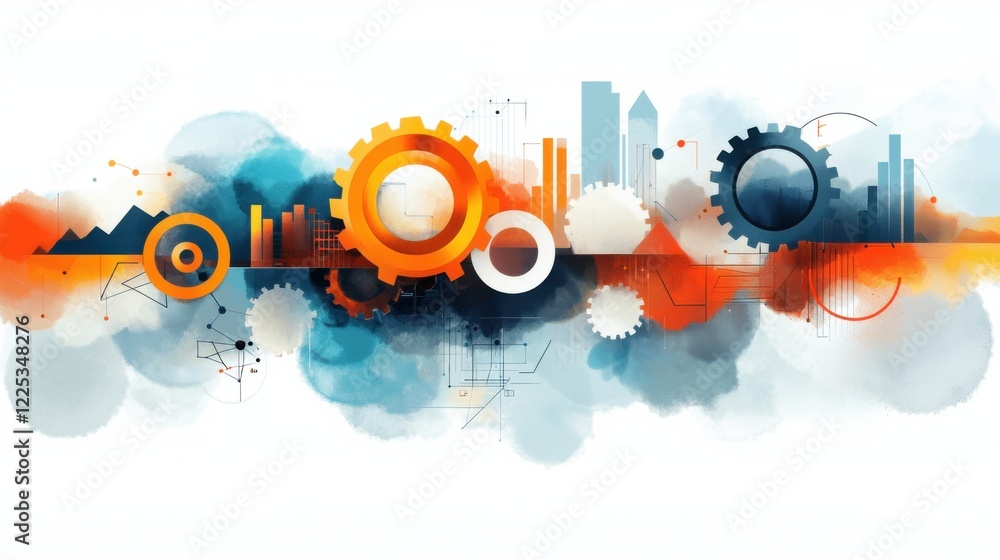 Poster dynamic abstract geometric shapes and gears in vibrant colorful digital composition
