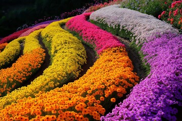 A vibrant landscape showcases a beautiful array of blooming flowers, perfect for inspiring garden enthusiasts during the gardening season.