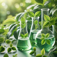 Close-up view of several glass laboratory vessels, including test tubes and an Erlenmeyer flask
