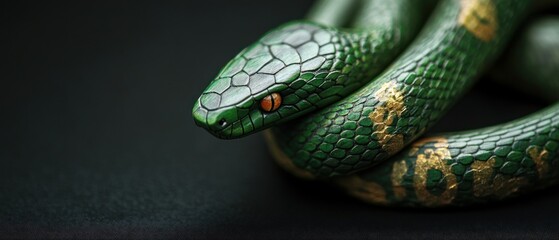Fototapeta premium A Close-Up Shot Of A Meticulously Crafted Green Snake Figurine, Its Scales Gleaming With Gold Accents, Rests Against A Dark Background, Creating A Mysterious And Captivating Image.