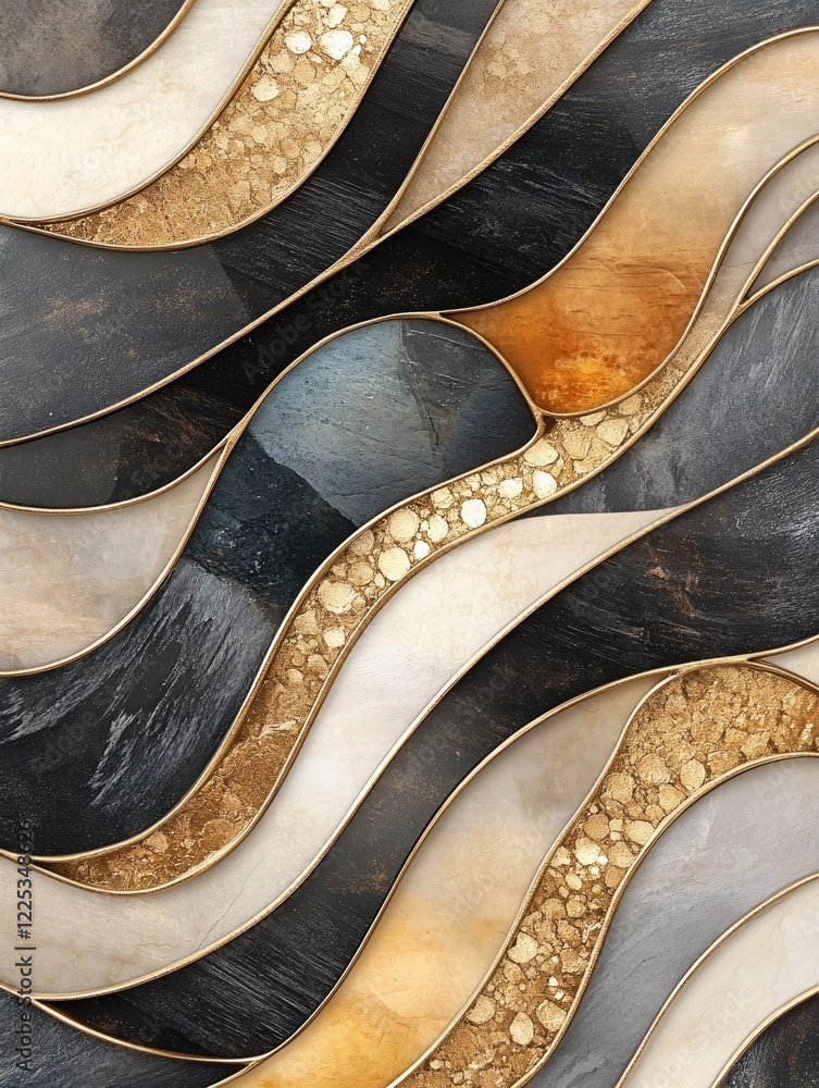 Poster abstract wavy pattern with gold accents and various textures for modern design projects