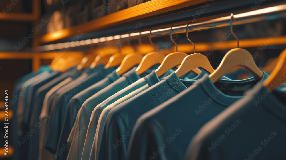 Poster a beautiful array of blue and white clothing items neatly ironed and displayed on wooden hangers in 