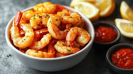 Spicy shrimp bowl, lemon slices, sauce, dark background; food blog, recipe