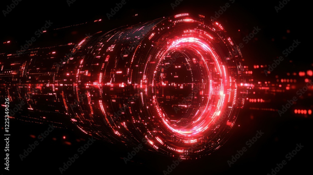 Poster abstract red digital tunnel: futuristic data stream visualization