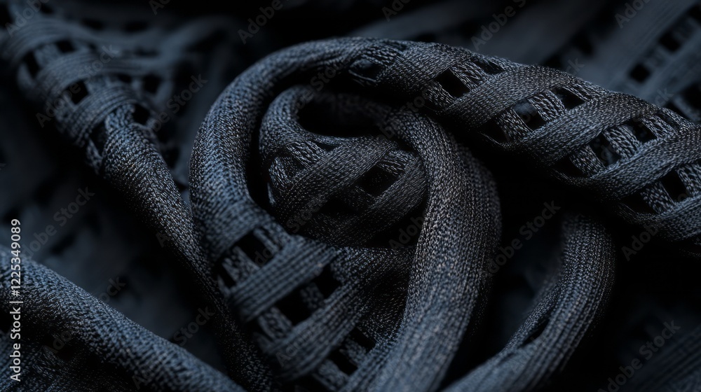 Poster black knitted fabric with interlacing details, creating an abstract and intricate pattern. the textu