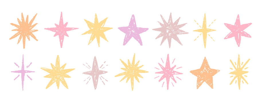 Crayon star, hand drawn pencil or brush doodle pattern. Pastel texture. Color background with star figure. Vector chalk kid sketch shape. Sparkle icon sticker. Crayon pastel kindergarten scribble bg