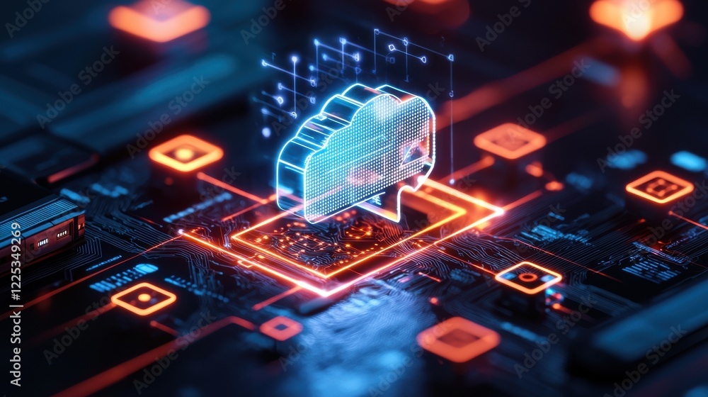 Poster illuminated cloud computing and data storage technology concept on futuristic circuit board