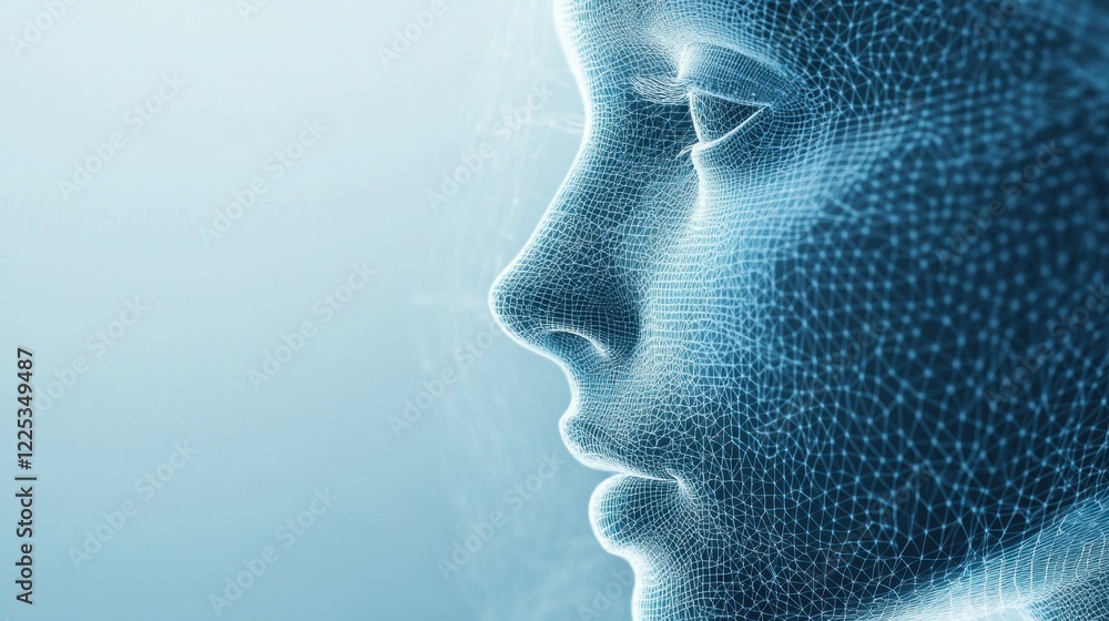 Poster wireframe face, digital rendering of a human head in a network mesh.