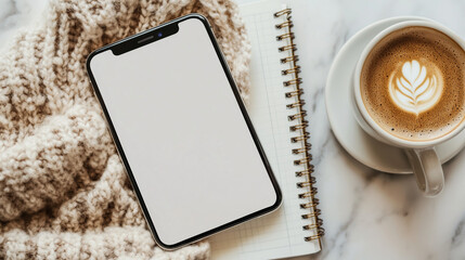 A blank smartphone screen displayed flat on a marble countertop with a cup of coffee and notebook nearby, set in a cozy workspace, with copy space. Warm natural lighting.