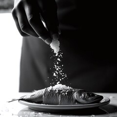 A black and white photograph depicting a person adding salt to fish against a bright white background.