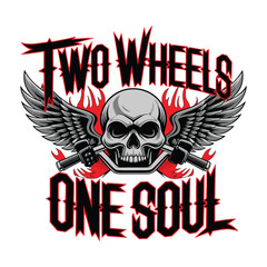 Skull Biker T Shirt Design with Wings and Handlebars Two Wheels One Soul Bike T-Shirt Design